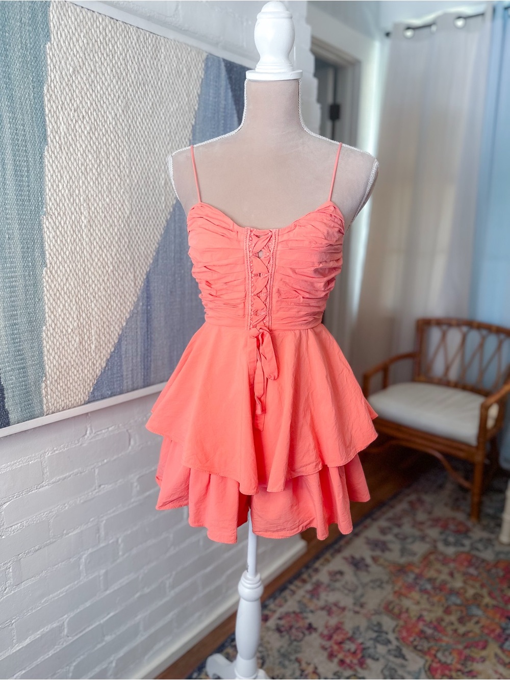 Mustard Seed Coral Lace Up Romper